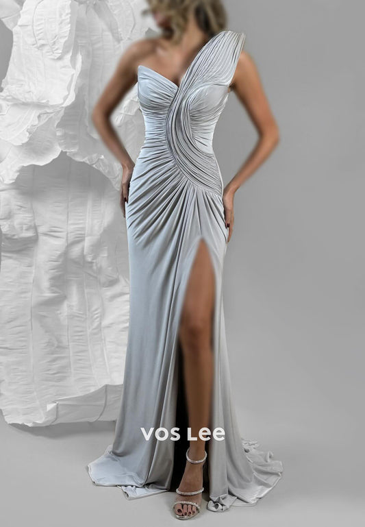 One Shoulder Sweetheart Pleated Side Split Mermaid Prom Dresses with Sweep Train