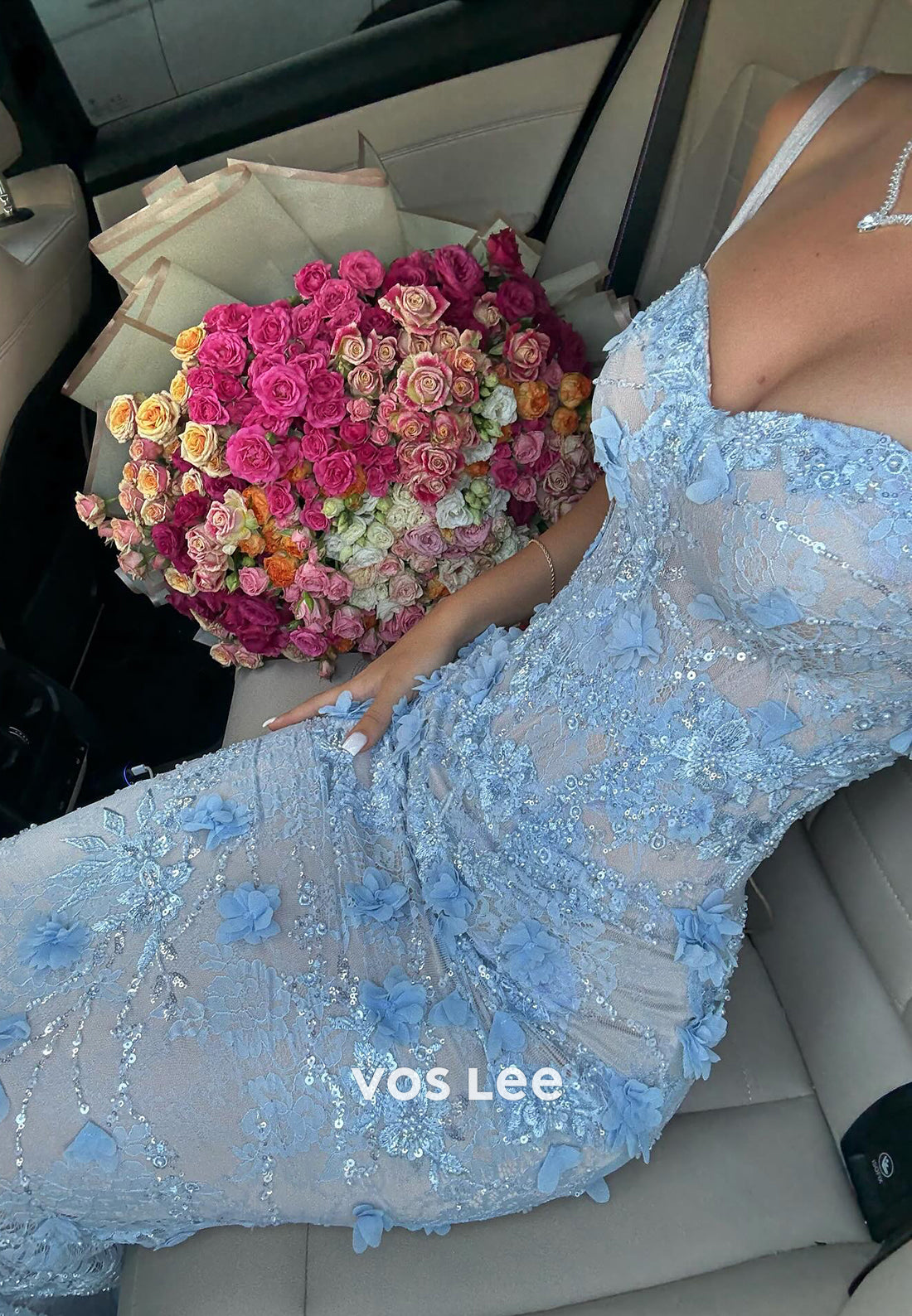 Sky Blue Spaghetti Straps Sweetheart Appliques Lace Mermaid Prom Dresses