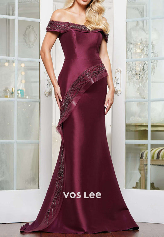 Off the Shoulder Beaded Mermaid Mother of Bride Dresses with Sweep Train