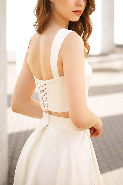 Satin Two-Piece Bridal Dress with Lace-Up Back, Pockets and Midi Skirt