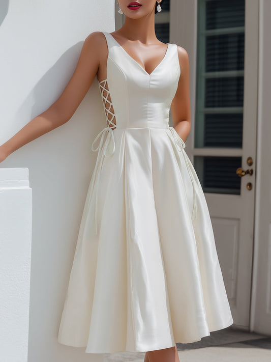 V-Neck Lace-Up Side Satin A-Line Midi Dress