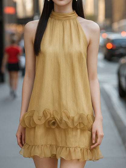 Golden Ruffle Halter Mini Dress