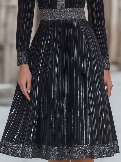Elegant A-Line Metallic-Striped Midi Dress