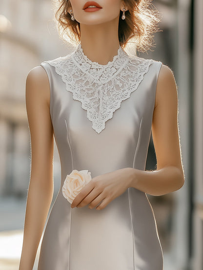 Elegant Satin Sleeveless Mini Dress With Vintage Lace Collar