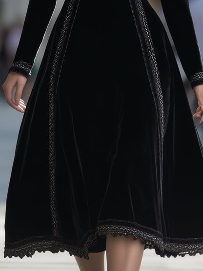 VOS LEE Timeless Black Velvet A-Line Midi Dress