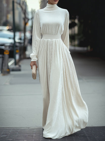 White High-Neck Pleated Maxi Dress