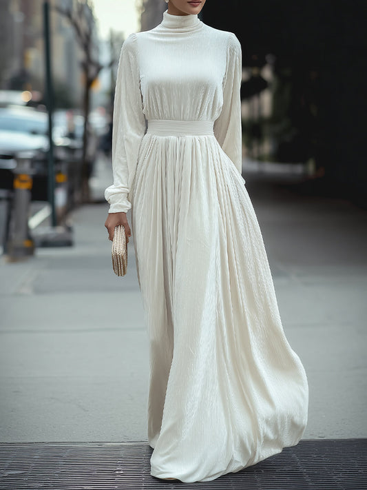 White High-Neck Pleated Maxi Dress