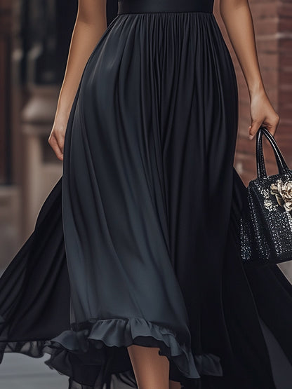 Black Mesh Panel Midi Dress With Ruffle Trim And High Neck Wedding Guest Dresses