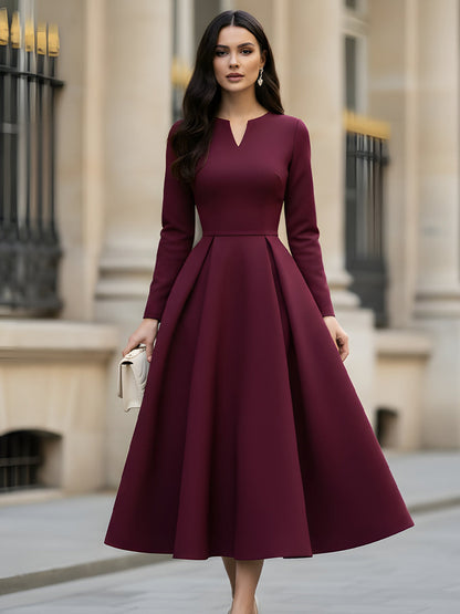 Burgundy V-Neck Pleated Midi Dress
