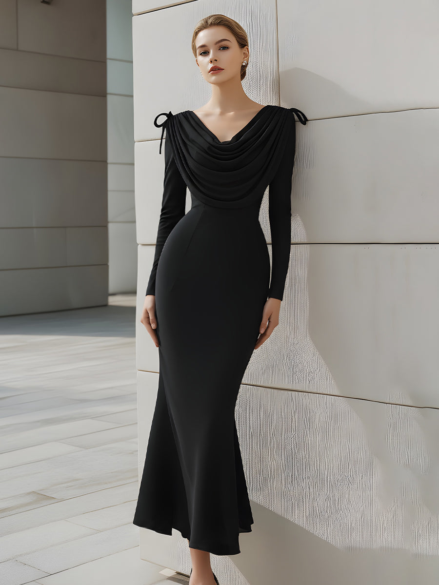 Draped Shoulder Bow Detail Black Mermaid Dress