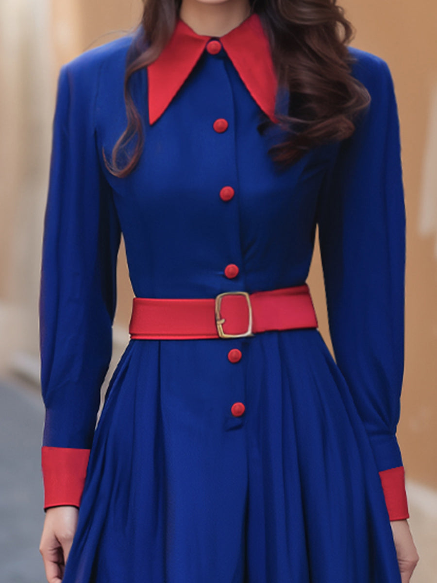 Vintage-Inspired Royal Blue & Red Contrast Maxi Dress