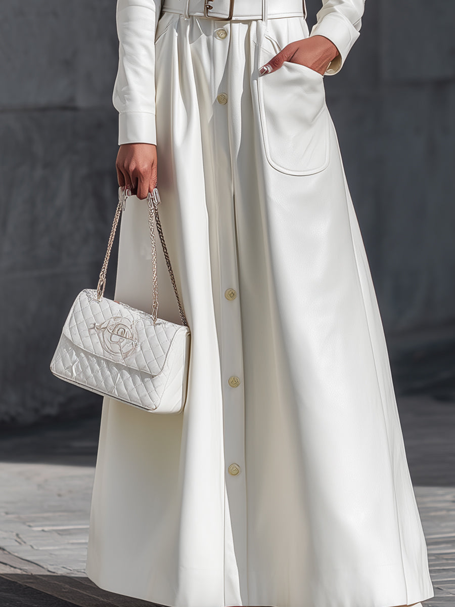 Faux Leather White Belted Maxi Shirt Dress