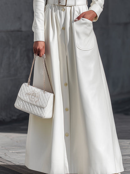 Faux Leather White Belted Maxi Shirt Dress