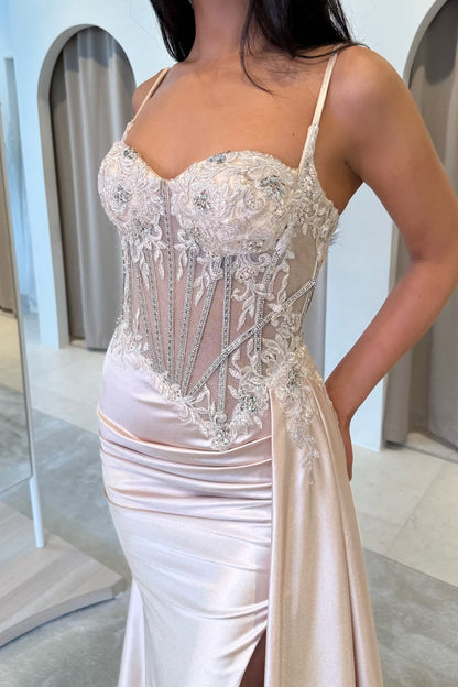 Spaghetti-Straps Sleeveless Mermaid Evening Dresses Split Ruffles With Appliques