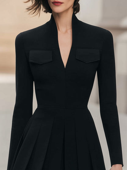 Chic Black Long Sleeve Pleated Mini Dress With Structured Collar