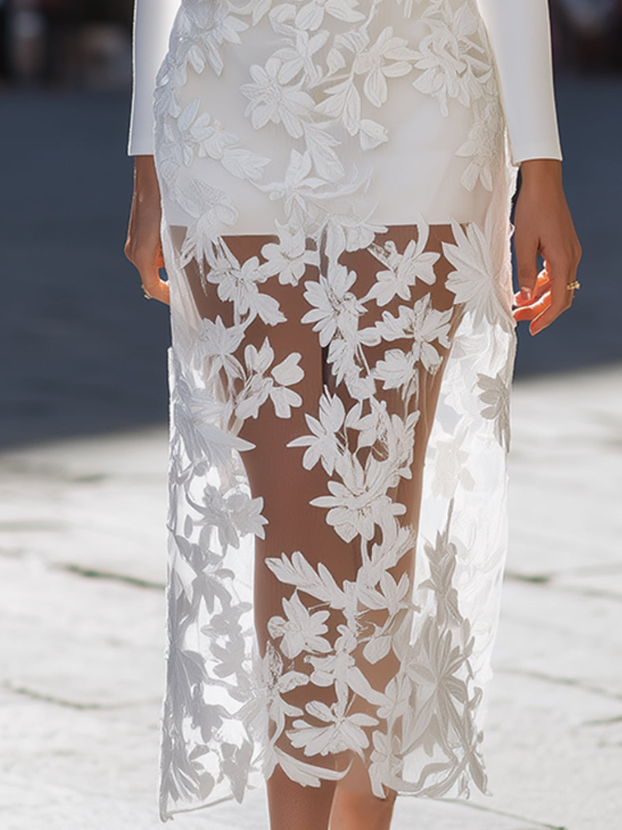 Elegant Stretch Dress With 3D Floral Embroidered Mesh Overskirt