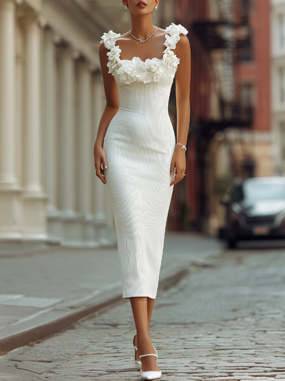 Elegant Floral Strap Textured White Midi Dress