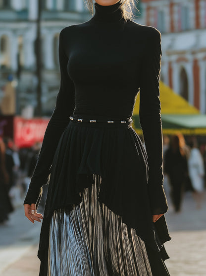 Stylish High-Neck Silver Pleated Maxi Dress