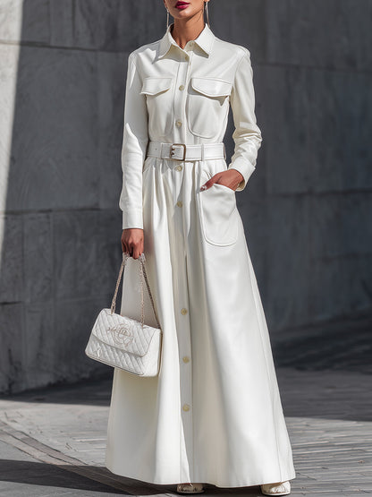 Faux Leather White Belted Maxi Shirt Dress