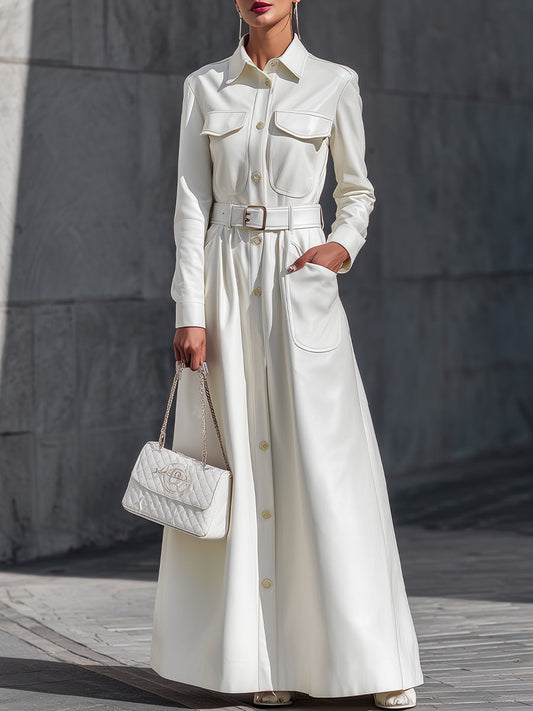 Faux Leather White Belted Maxi Shirt Dress