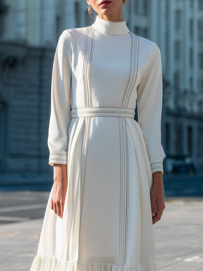 High-Neck Decorative Trim Maxi Dress