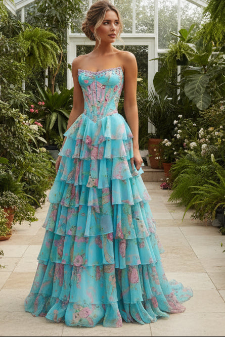 New Arrival A Line Scoop Neck Floral Chiffon Prom Dress with Beading