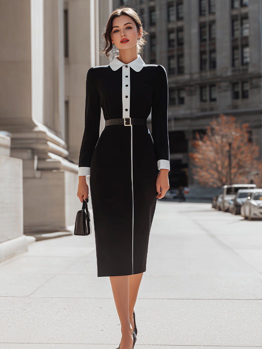 Black And White Contrast Collar Belted Midi Dress
