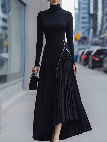 Black High-Neck Long Sleeve Dress With Pleated Asymmetrical Skirt