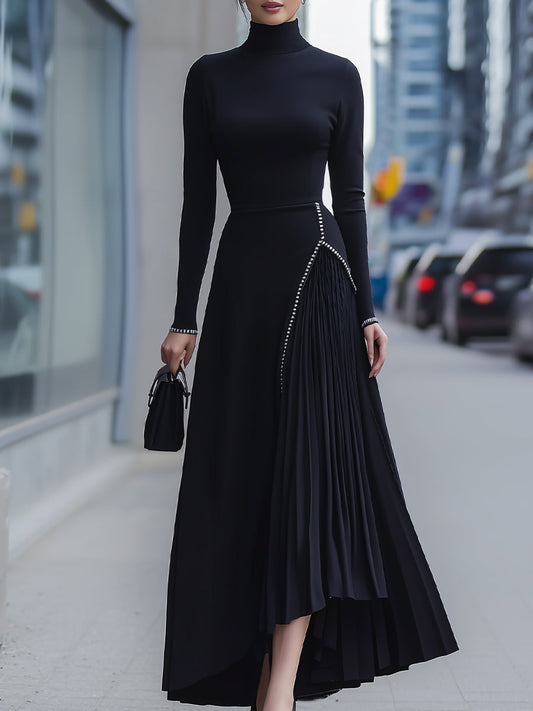 Black High-Neck Long Sleeve Dress With Pleated Asymmetrical Skirt