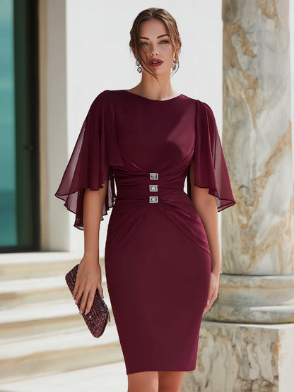 Ruched Cape Sleeve Embellished Cocktail Dress