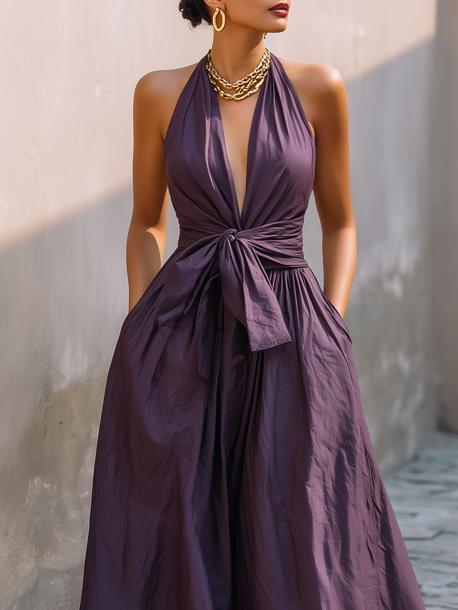 Halter Deep V-Neck Tie-Waist Maxi Dress
