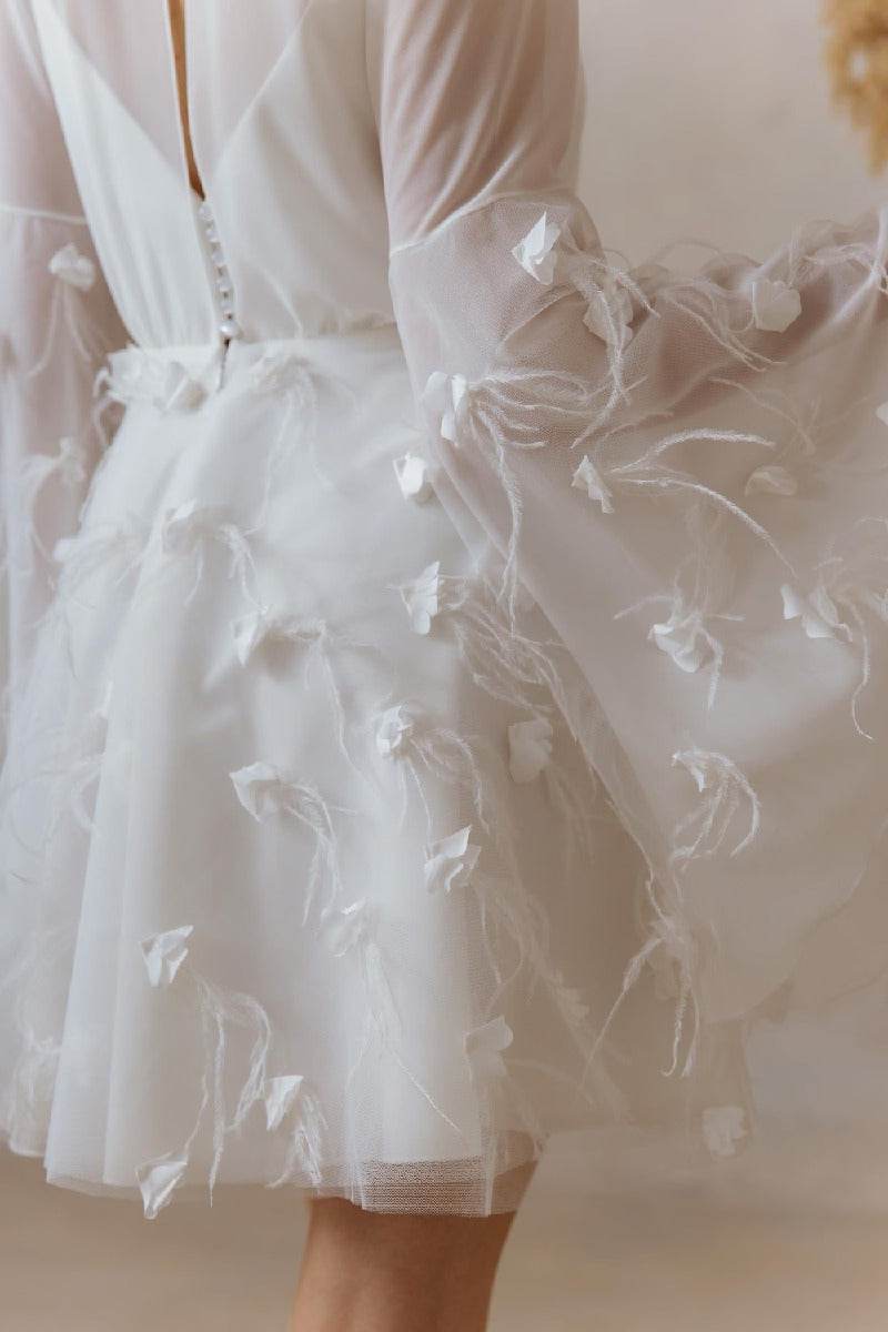 Exquisite White Mesh Mini Dress with 3D Floral Appliqué & Flared Sleeves