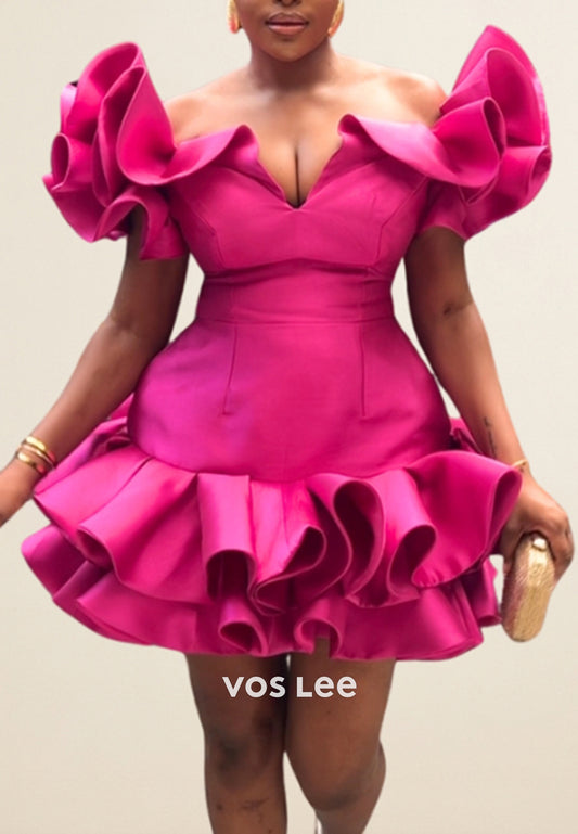 Fuchsia Short Sleeve Off the Shoulder Pleated Sheath Homecoming Dresses