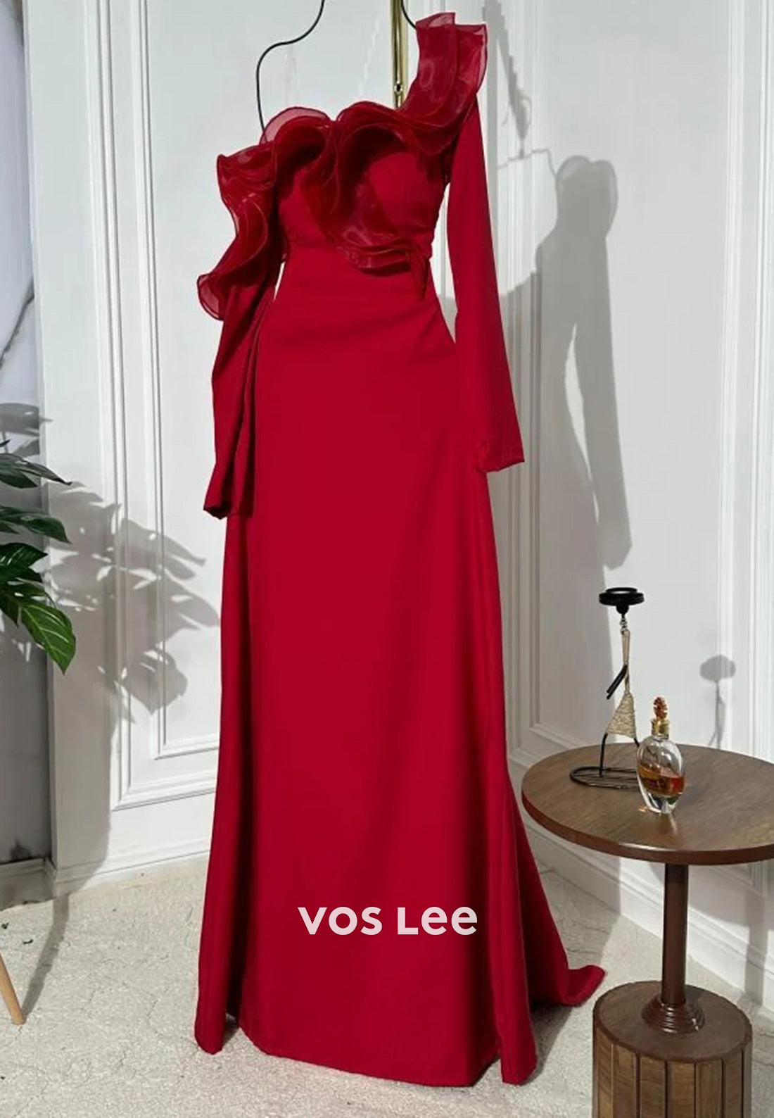Long Sleeve One Shoulder Ruched Mermaid Evening Dresses with Sweep Train