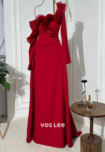 Long Sleeve One Shoulder Ruched Mermaid Evening Dresses with Sweep Train