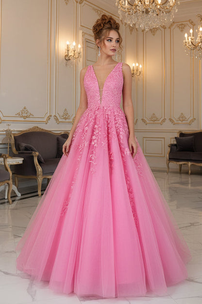 Charming A Line V Neck Pink Tulle Prom Dress with Appliques