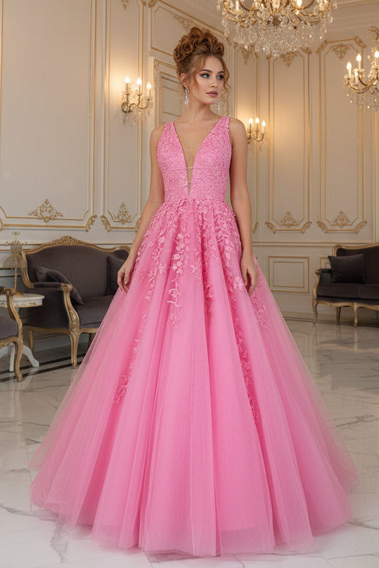 Charming A Line V Neck Pink Tulle Prom Dress with Appliques