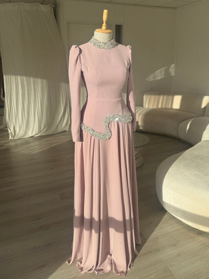 Dusty Pink High Neck Long Sleeve Crystal Waist A-Line Formal Evening Gown