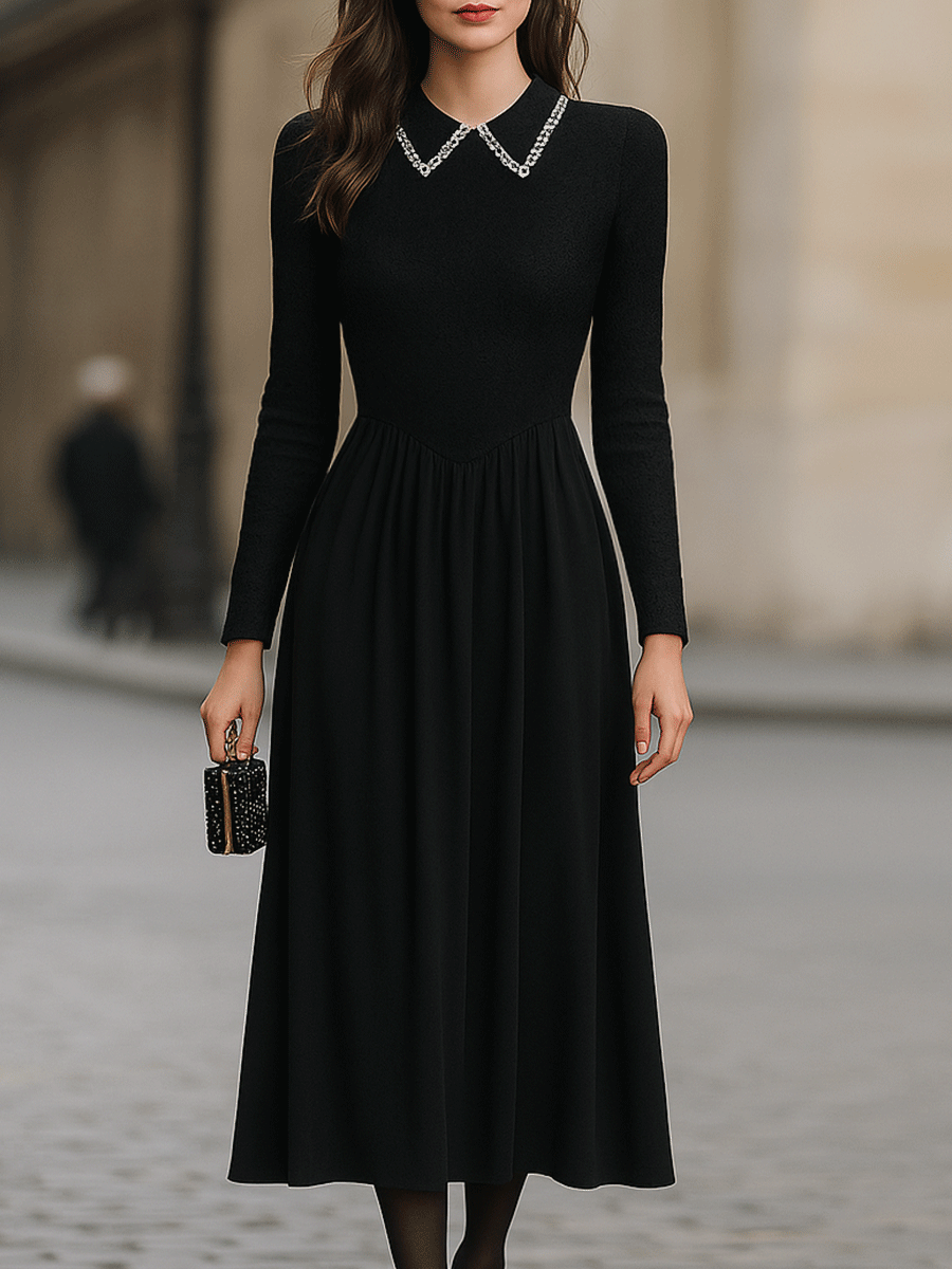 Black Long-Sleeve Midi Dress With Embellished Collar
