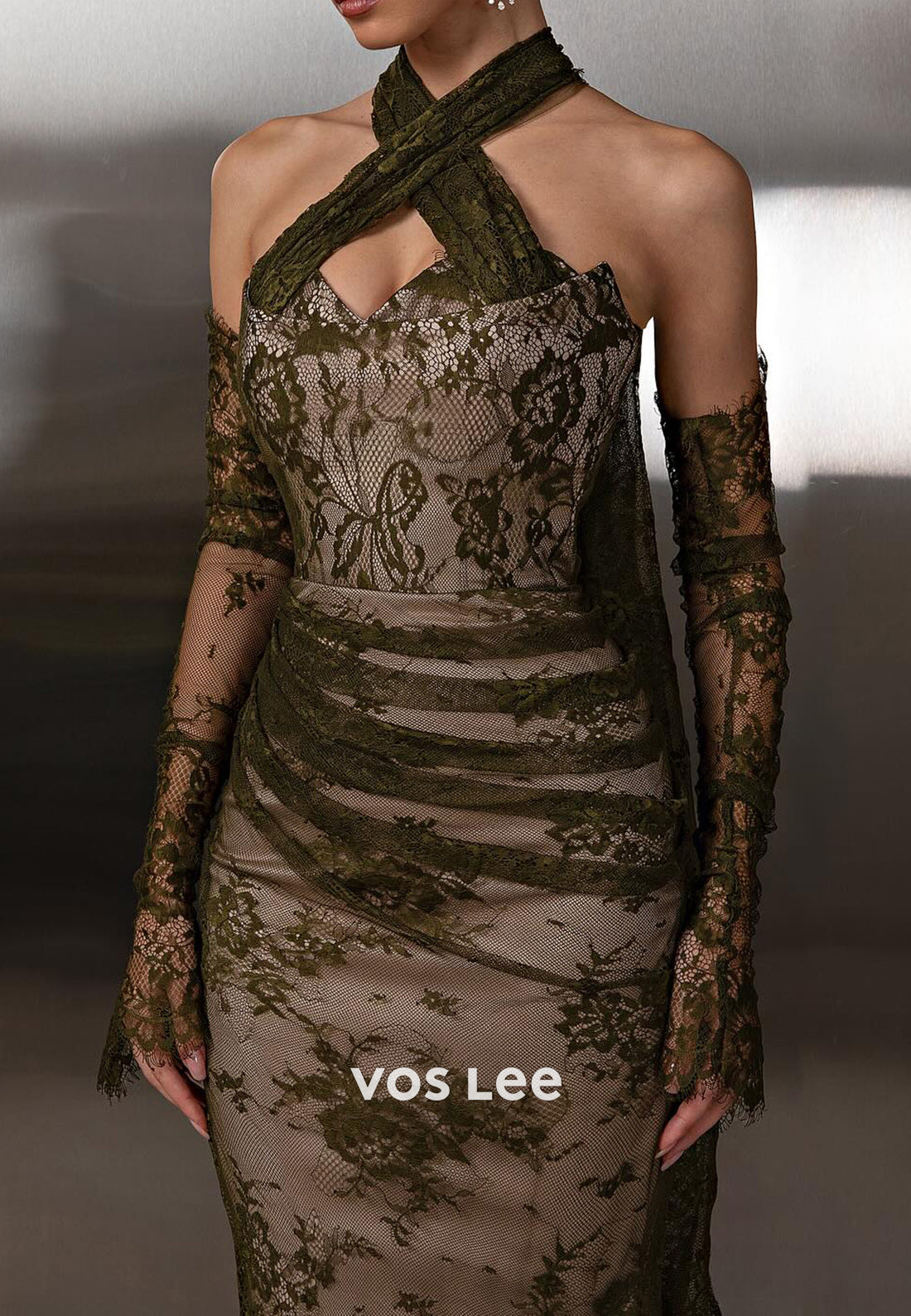 Olive - Long Sleeve Halter Appliques Lace Floor-Length Sheath Evening Gowns