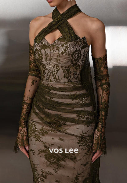 Olive - Long Sleeve Halter Appliques Lace Floor-Length Sheath Evening Gowns