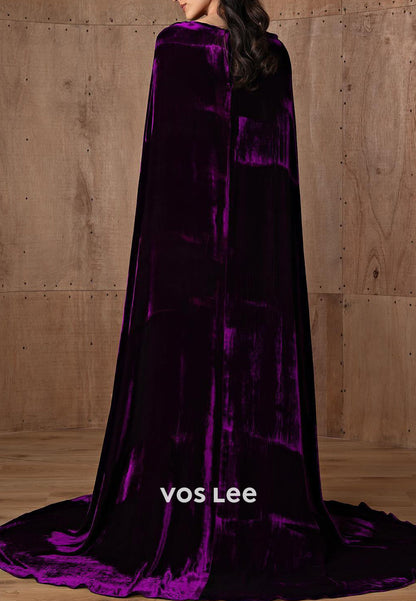 Grape Velvet Scoop Pleated Mermaid Evening Dresses with Sweep Train
