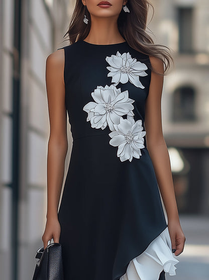 Elegant Black Ruffle Dress With  Floral Appliqué