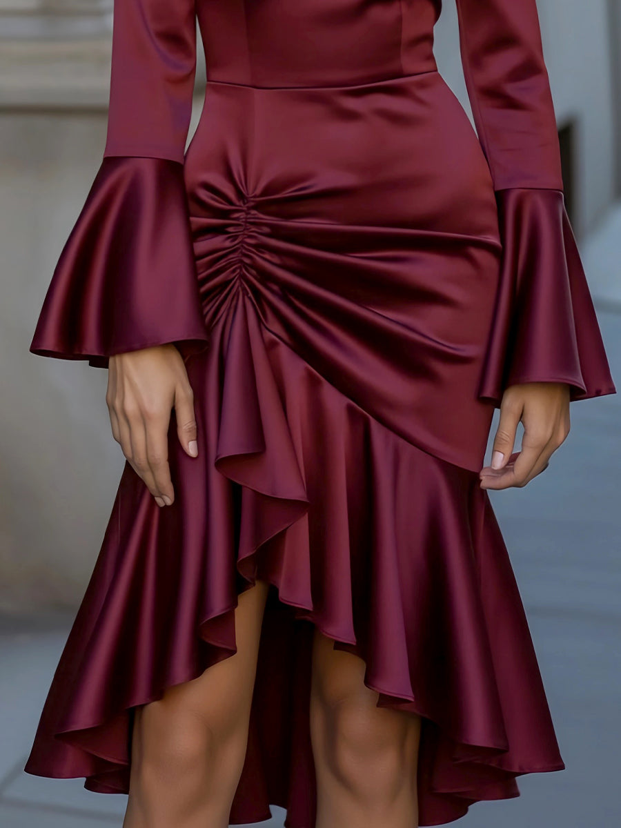 Satin Asymmetric Ruffle Hem Dress