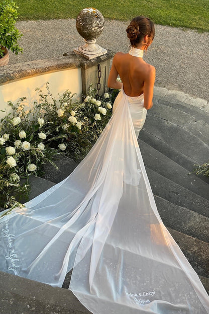 Elegant Mermaid Halter Neck White Long Bridal Dress with Sweep Train