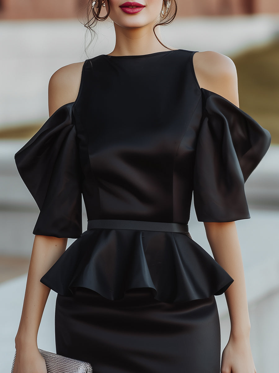 Cold-Shoulder Structured Sleeves Peplum Satin Dress