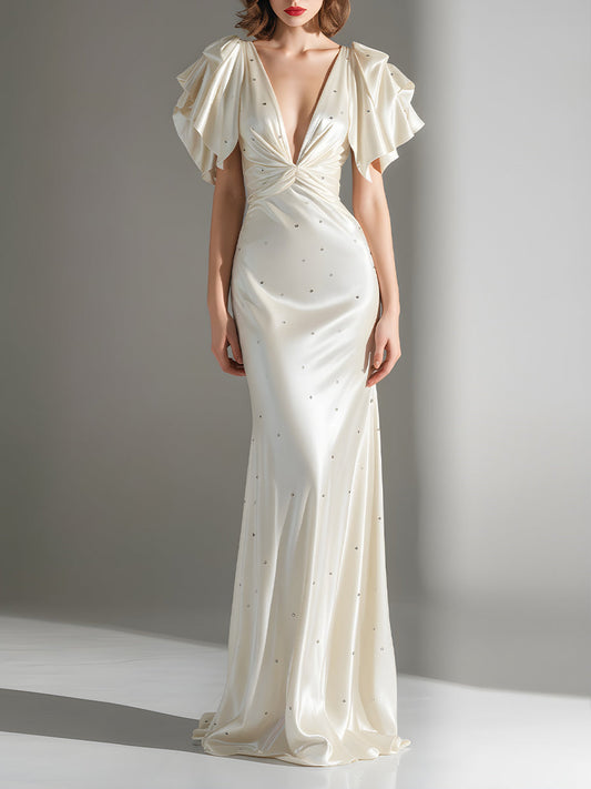 Ivory Crystal-Dot Gown With Ruffled Butterfly Sleeves And Deep-V Bodice