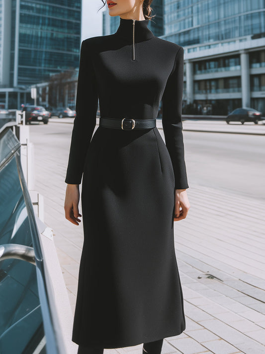 Black High-Neck Belted Midi Dress
