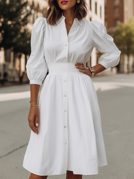 Pinstripe Texture Shirt Dress With Puff Sleeves