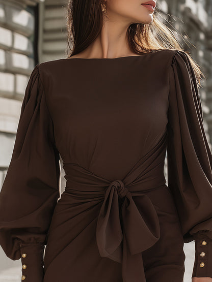 Elegant Puff Sleeve Midi Dress With Tie Waist